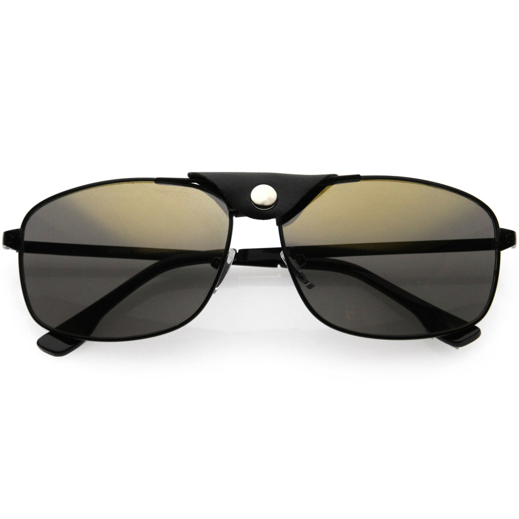 Button Snap Vegan Leather Strap Metal Crossbar Square Aviator Sunglasses D065
