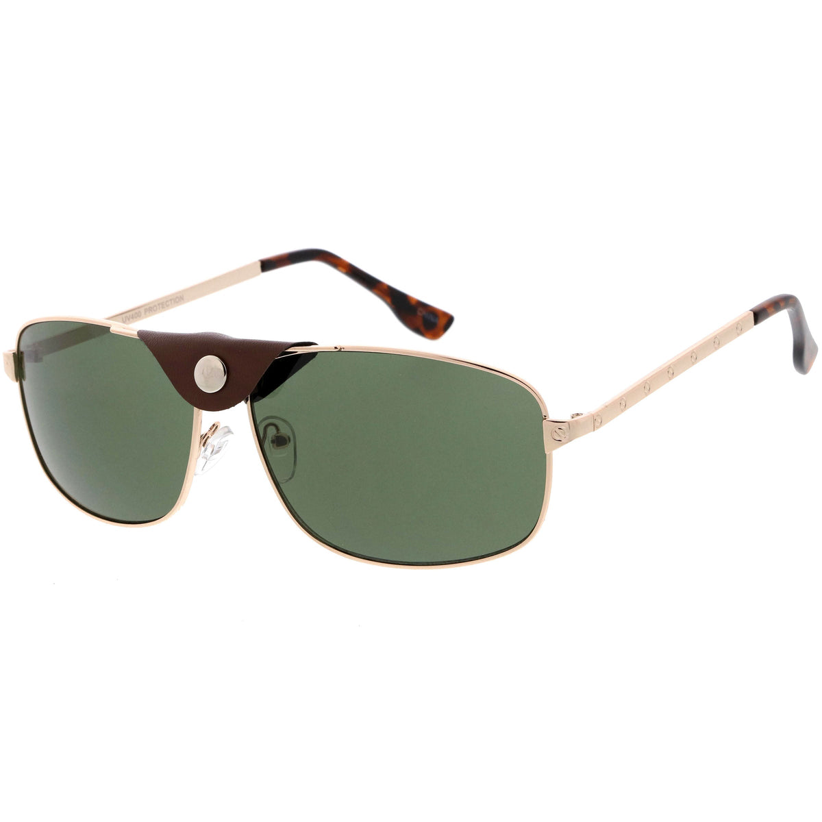 Button Snap Vegan Leather Strap Metal Crossbar Square Aviator Sunglasses D065