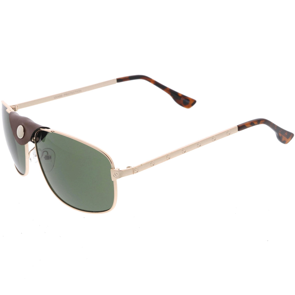 Button Snap Vegan Leather Strap Metal Crossbar Square Aviator Sunglasses D065