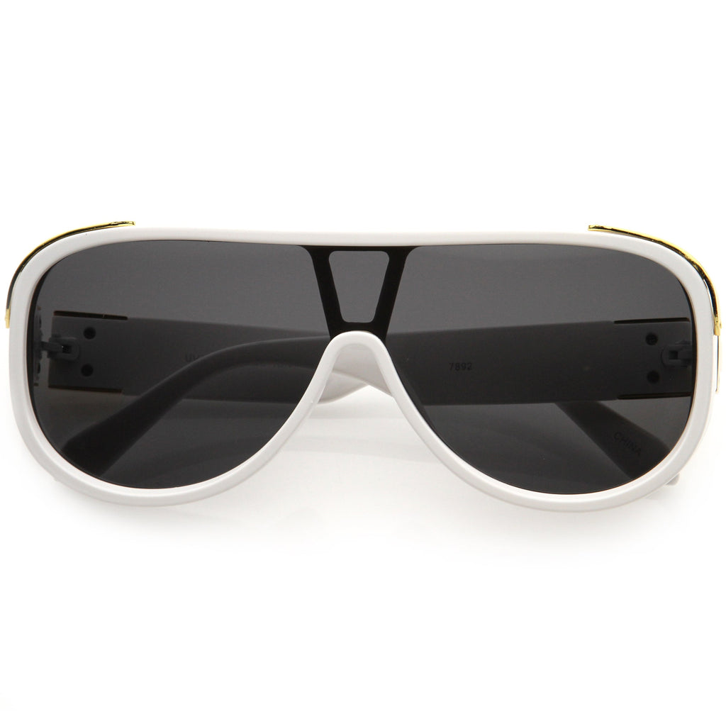 High Fashion Neutral Rounded Lens Flat Top Oversize Shield Sunglasses D101