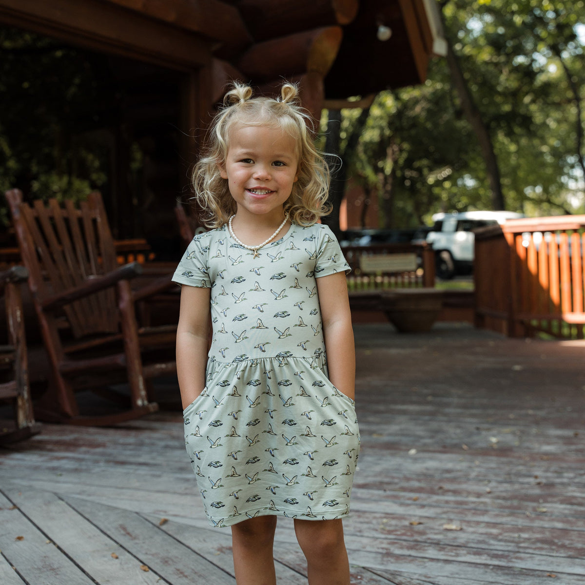 Youth Moxie Dress - Flying Ducks - Green