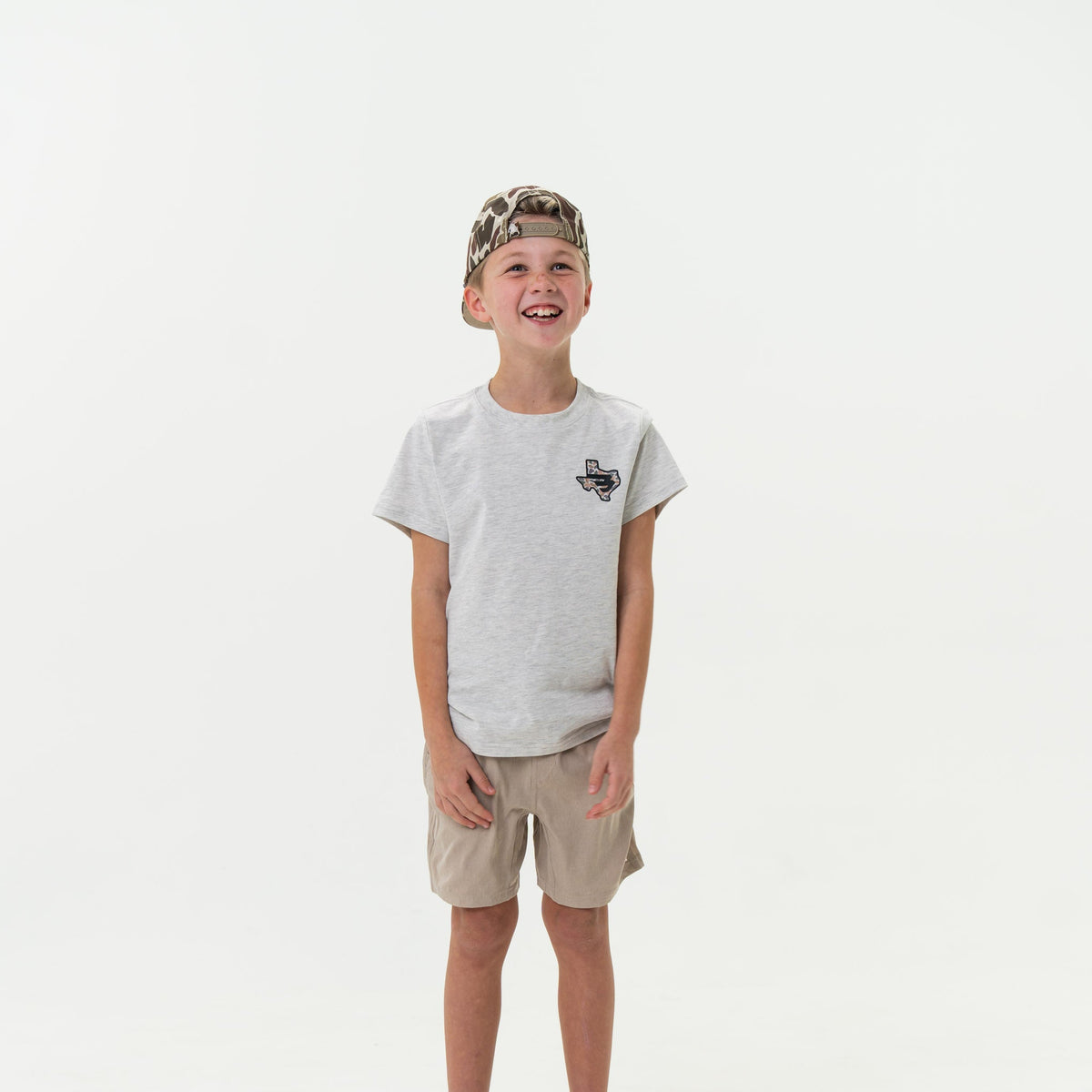 Youth Short Sleeve Tee - Texas Camo Flying B Logo - Heather Ash Grey