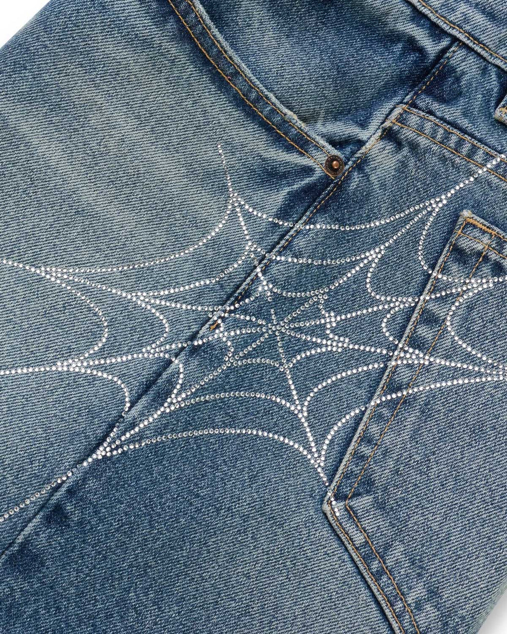 Sp5der Script Web Denim Shorts Indigo Blue