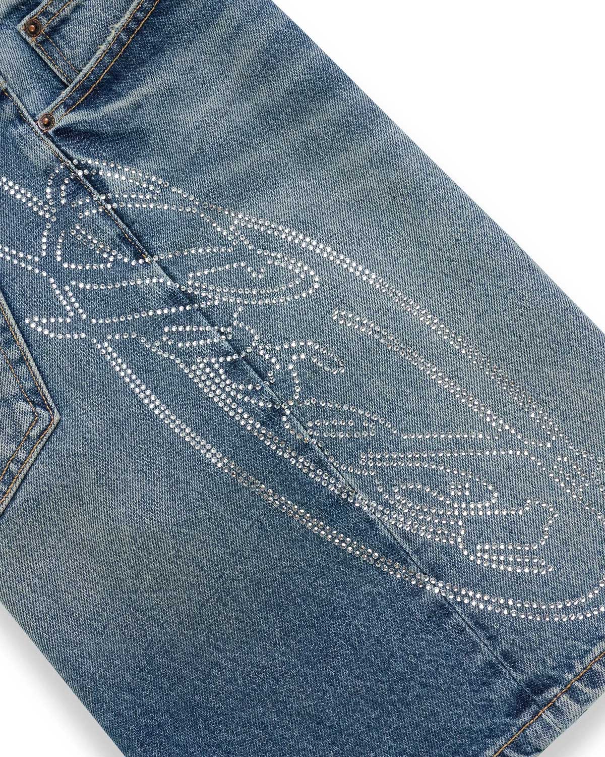 Sp5der Script Web Denim Shorts Indigo Blue