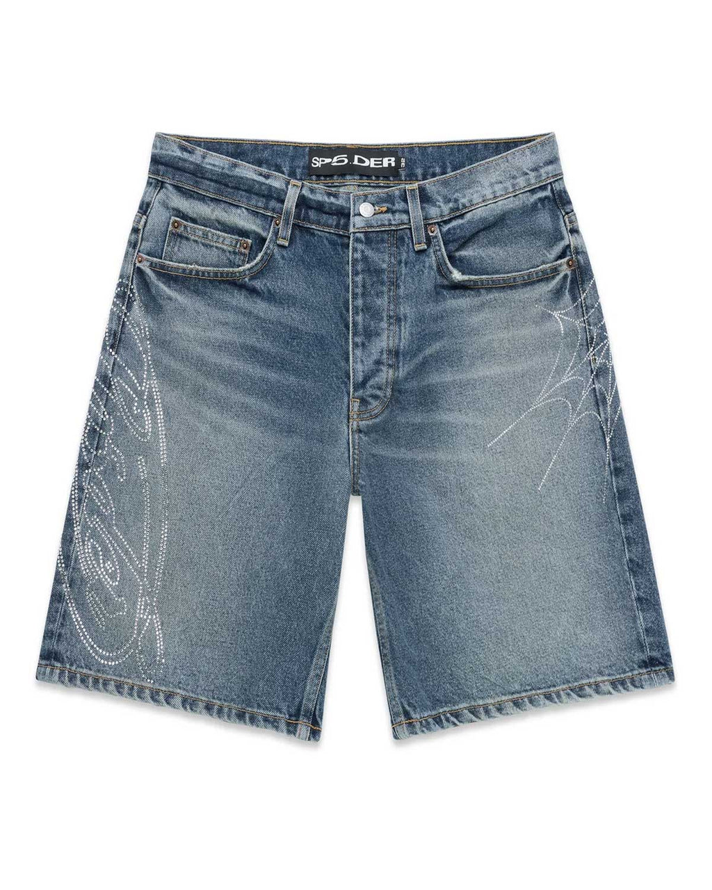 Sp5der Script Web Denim Shorts Indigo Blue