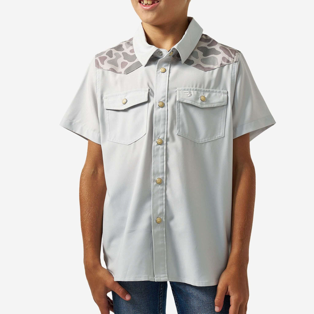 Youth Performance Western Shirt - Bird SZN - Light Grey & Classic Deer Camo