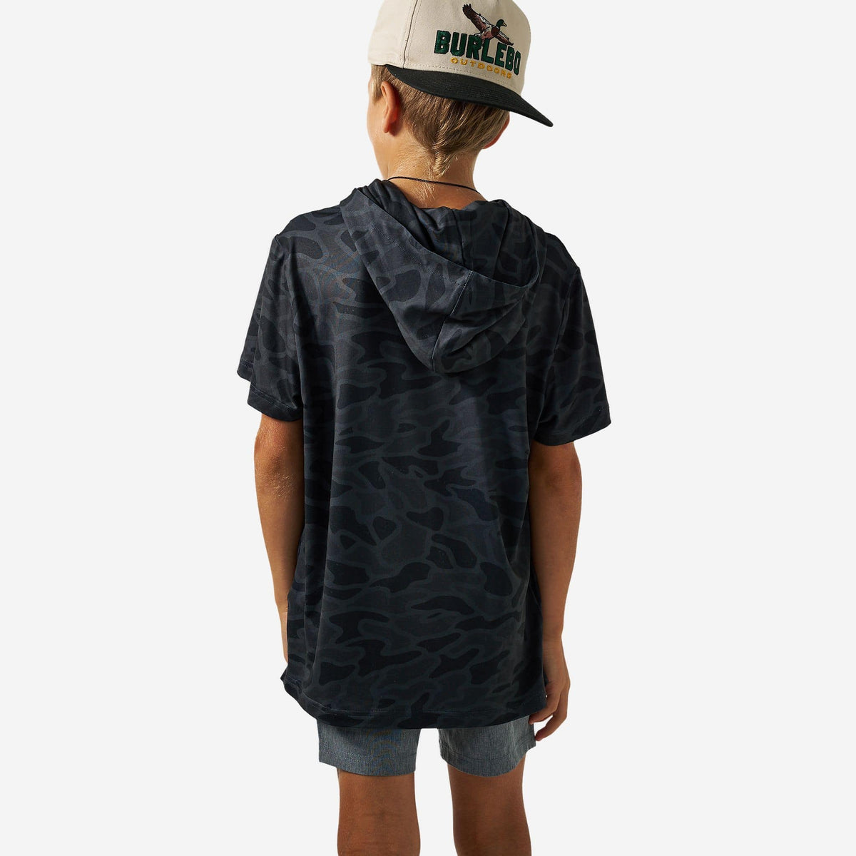Youth Short Sleeve Performance Hoodie - Black Camo