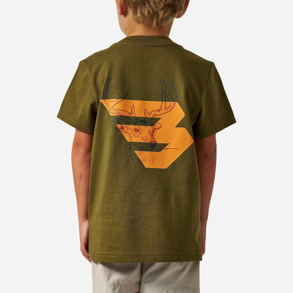 Youth Short Sleeve Tee - Deer Flying B - Orange Logo - Hunter Green