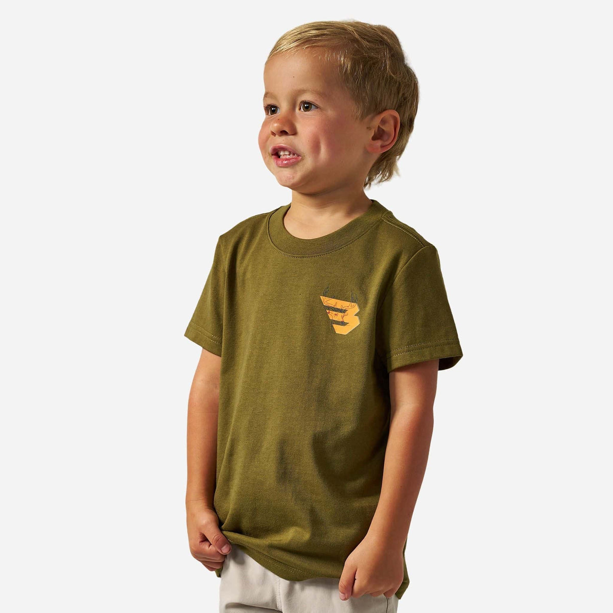 Youth Short Sleeve Tee - Deer Flying B - Orange Logo - Hunter Green