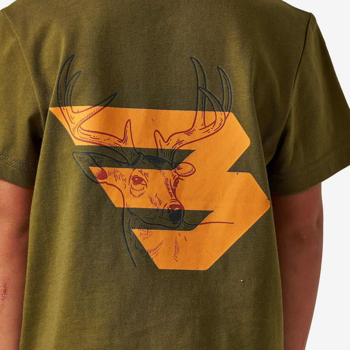 Youth Short Sleeve Tee - Deer Flying B - Orange Logo - Hunter Green