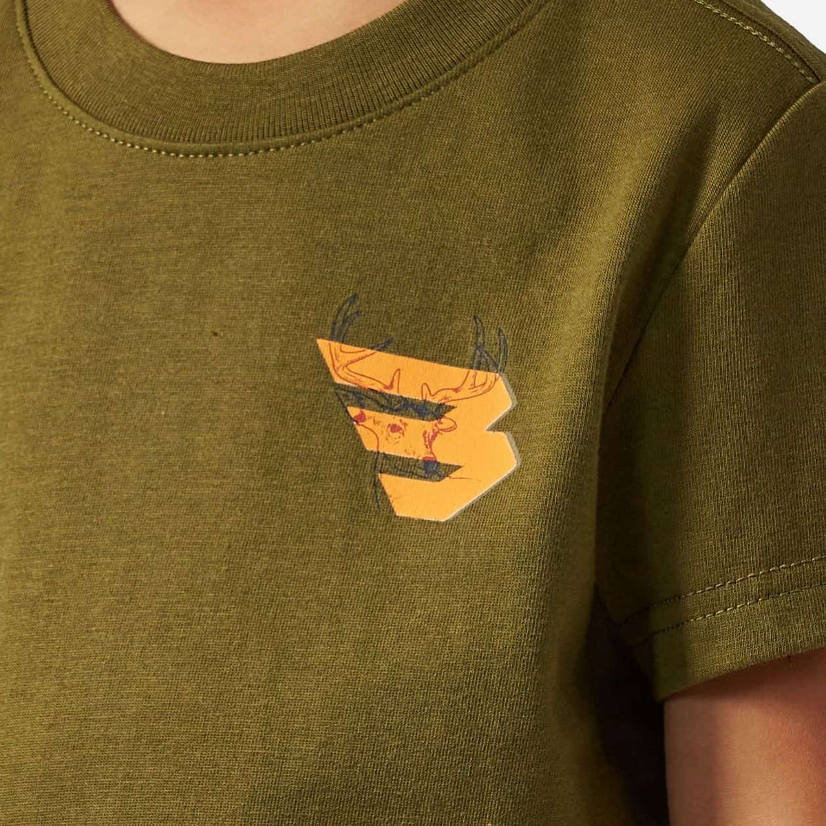 Youth Short Sleeve Tee - Deer Flying B - Orange Logo - Hunter Green