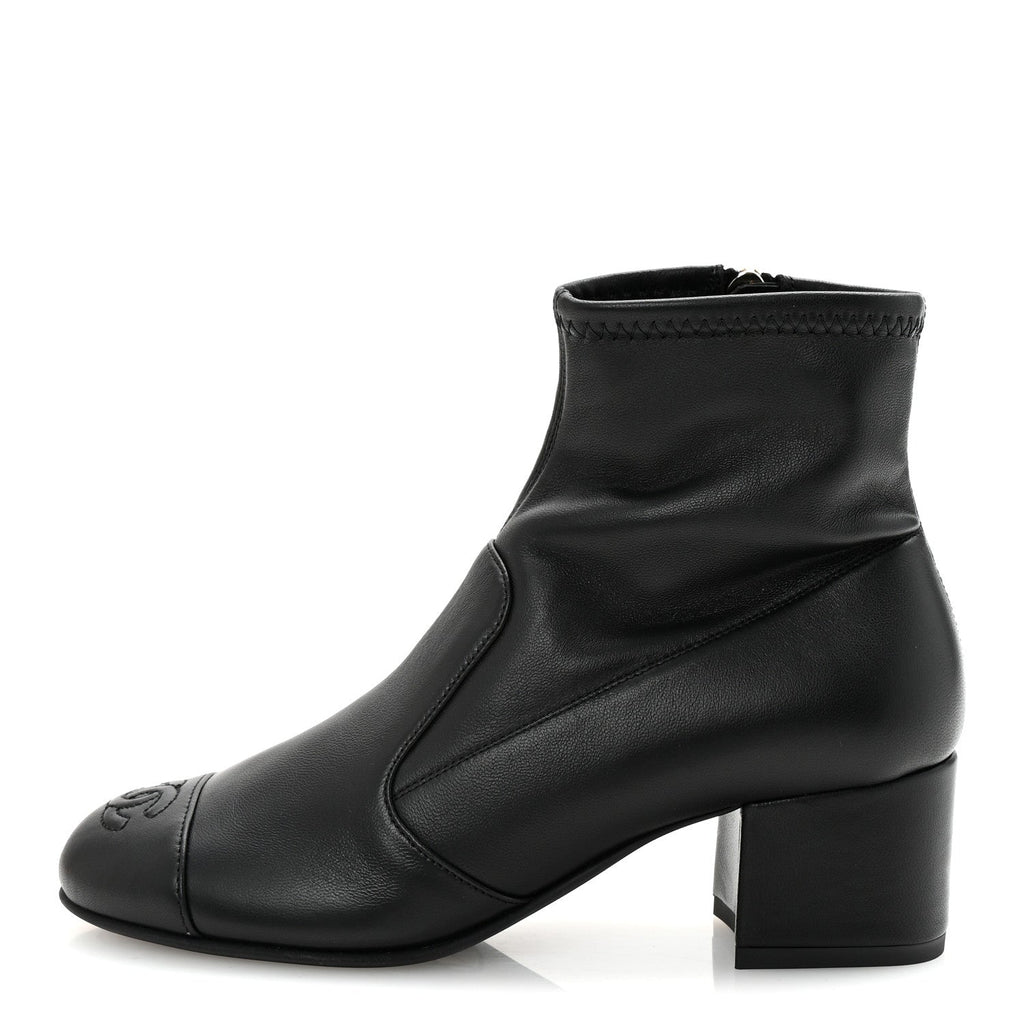 Stretch Lambskin Cap Toe CC Short Boots 35 Black