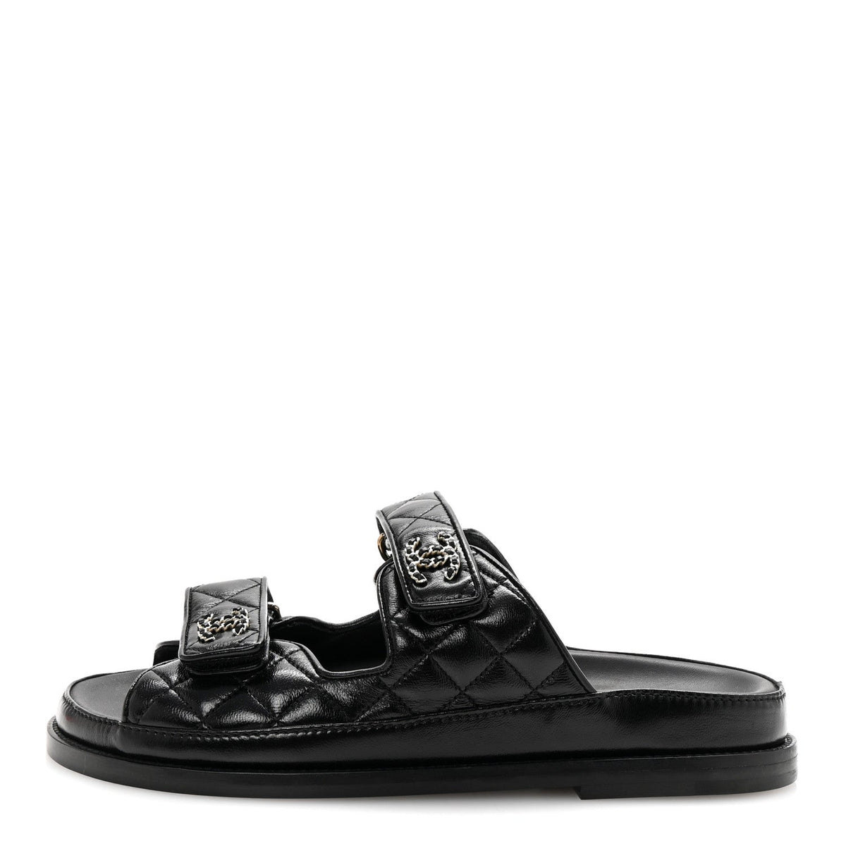 Lambskin Quilted Velcro Dad Chain CC Slide Sandals 38 Black