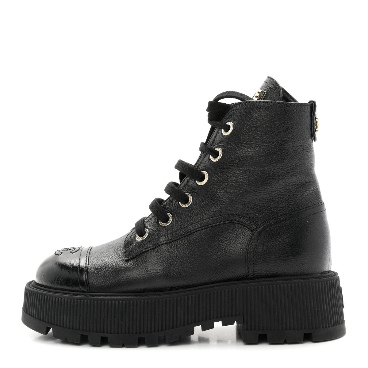 Grained Calfskin Shiny Calfskin CC Lace Up Combat Boots 36.5 Black
