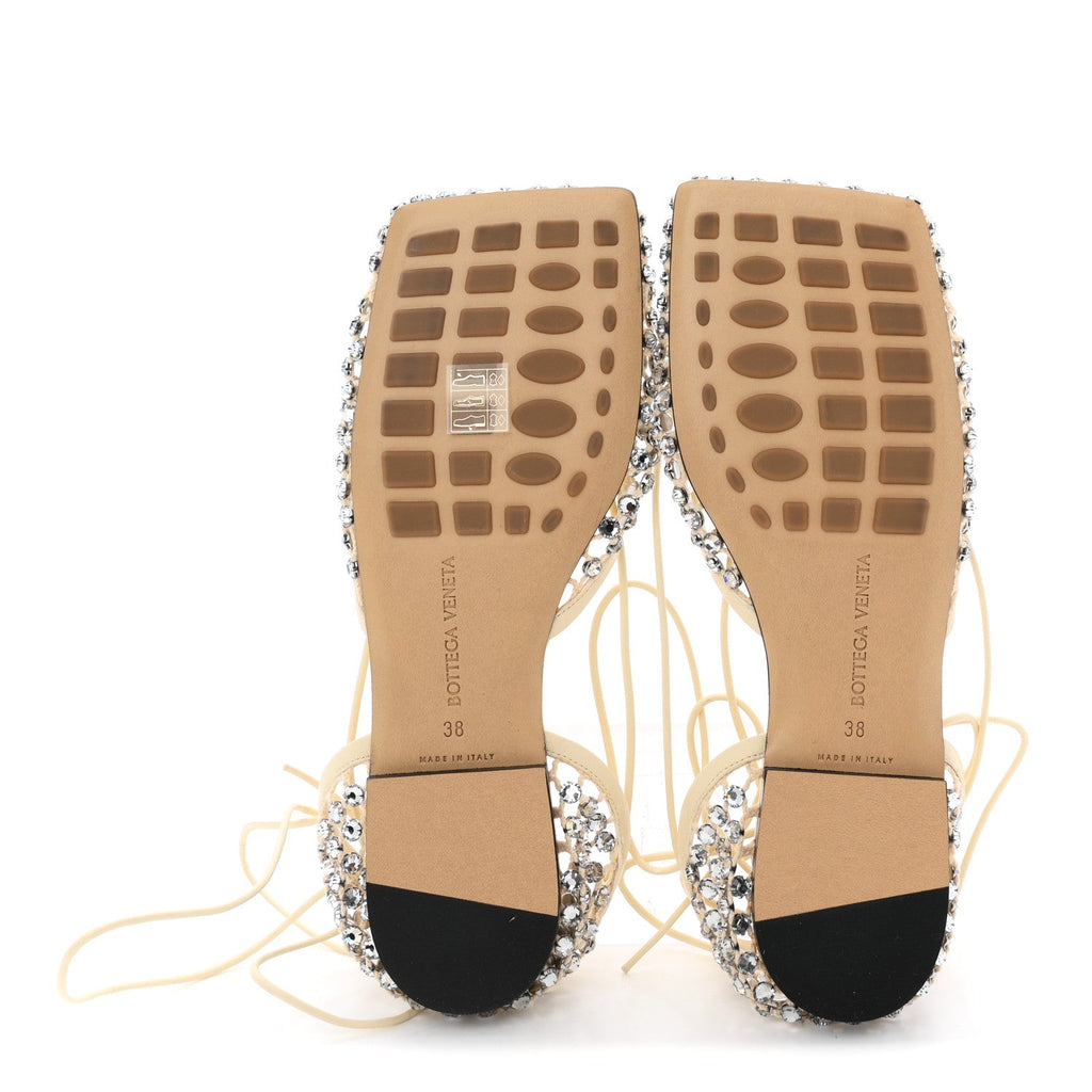 Mesh Nappa Crystal Embellished Sparkle Stretch Ankle Tie Flats 38 Black