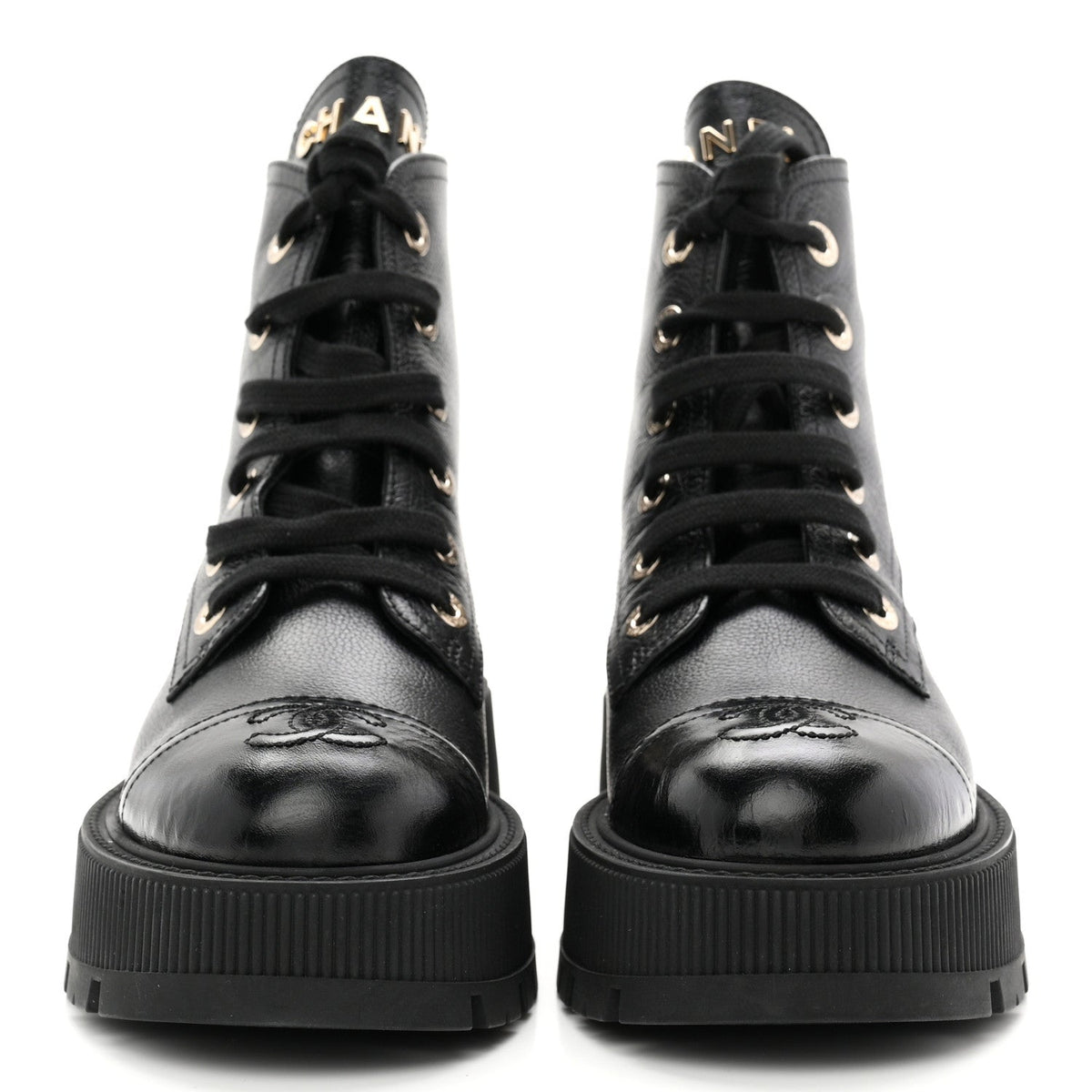 Grained Calfskin Shiny Calfskin CC Lace Up Combat Boots 36.5 Black
