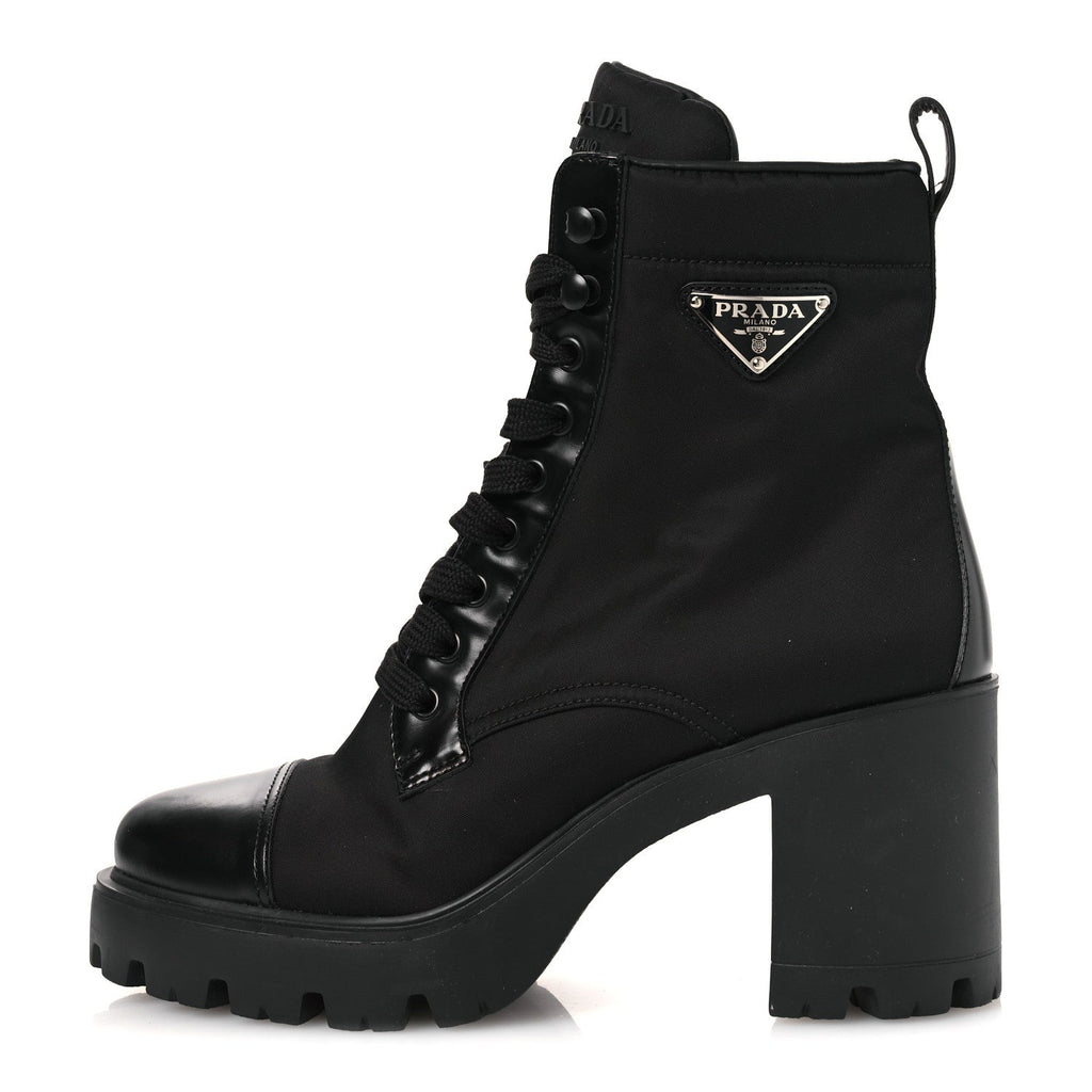 Spazzolato Re-Nylon Metal Triangle Logo Lace Up 55mm Ankle Boots 38.5 Black