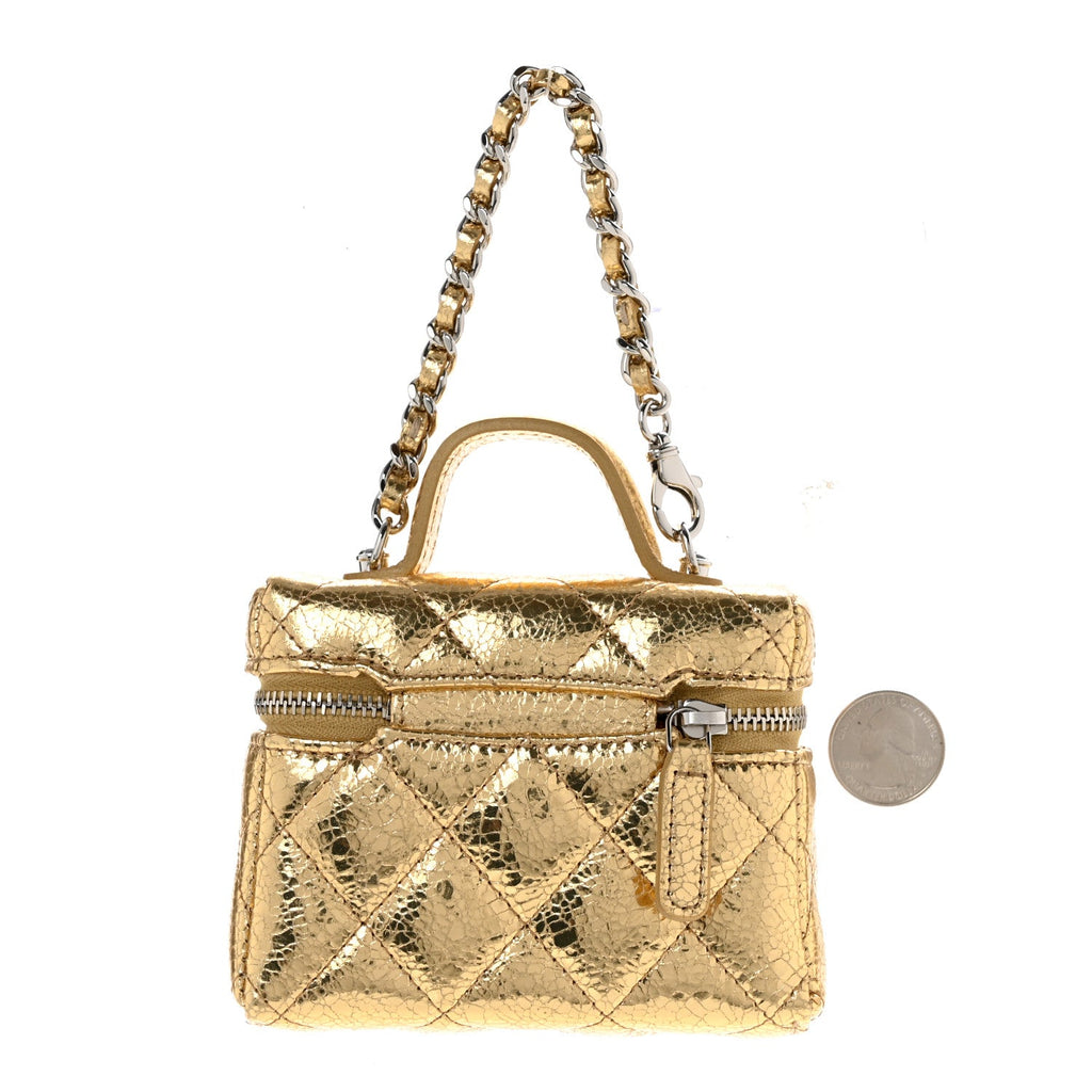 Metallic Calfskin Quilted Mini Vanity Bag Charm With Hook Gold