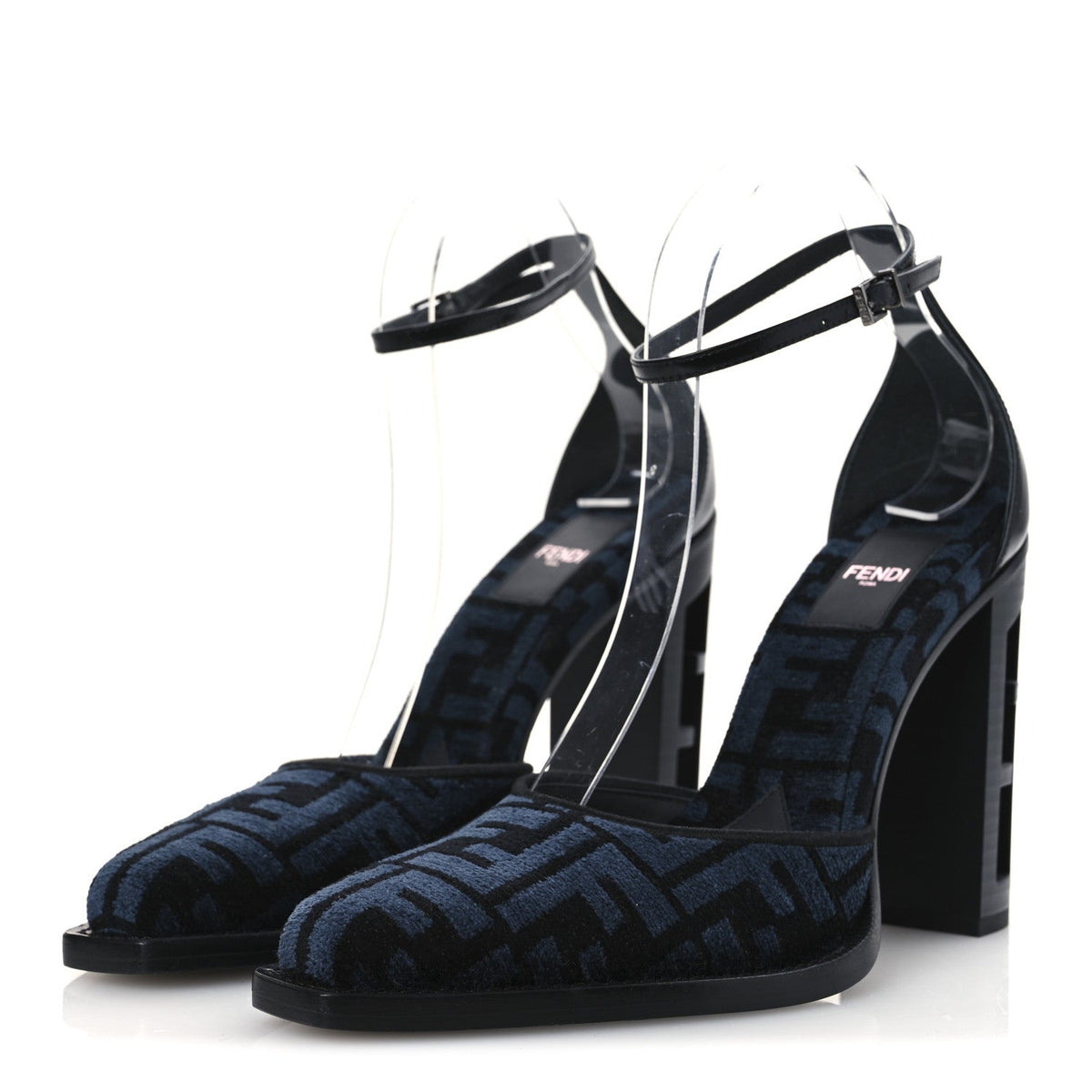 Chenille Jacquard FF Cut Baguette Ankle Strap 105mm Pumps 38 Black Blue