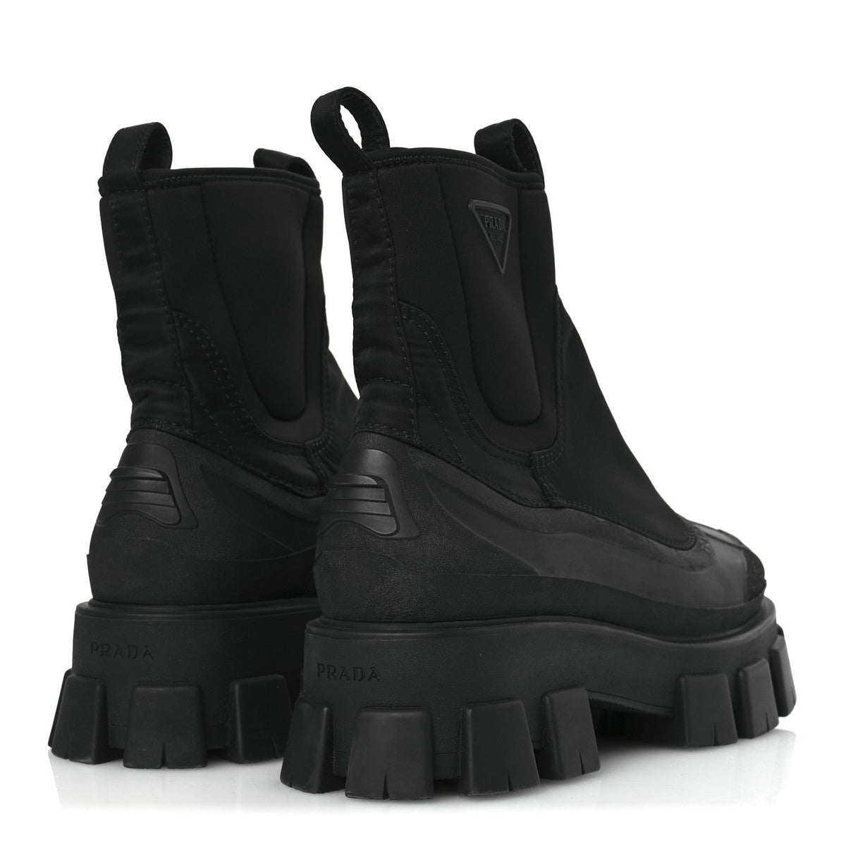 Re-Nylon Gabardine Rubber Triangle Logo Womens Monolith 55mm Ankle Boots 38 Black