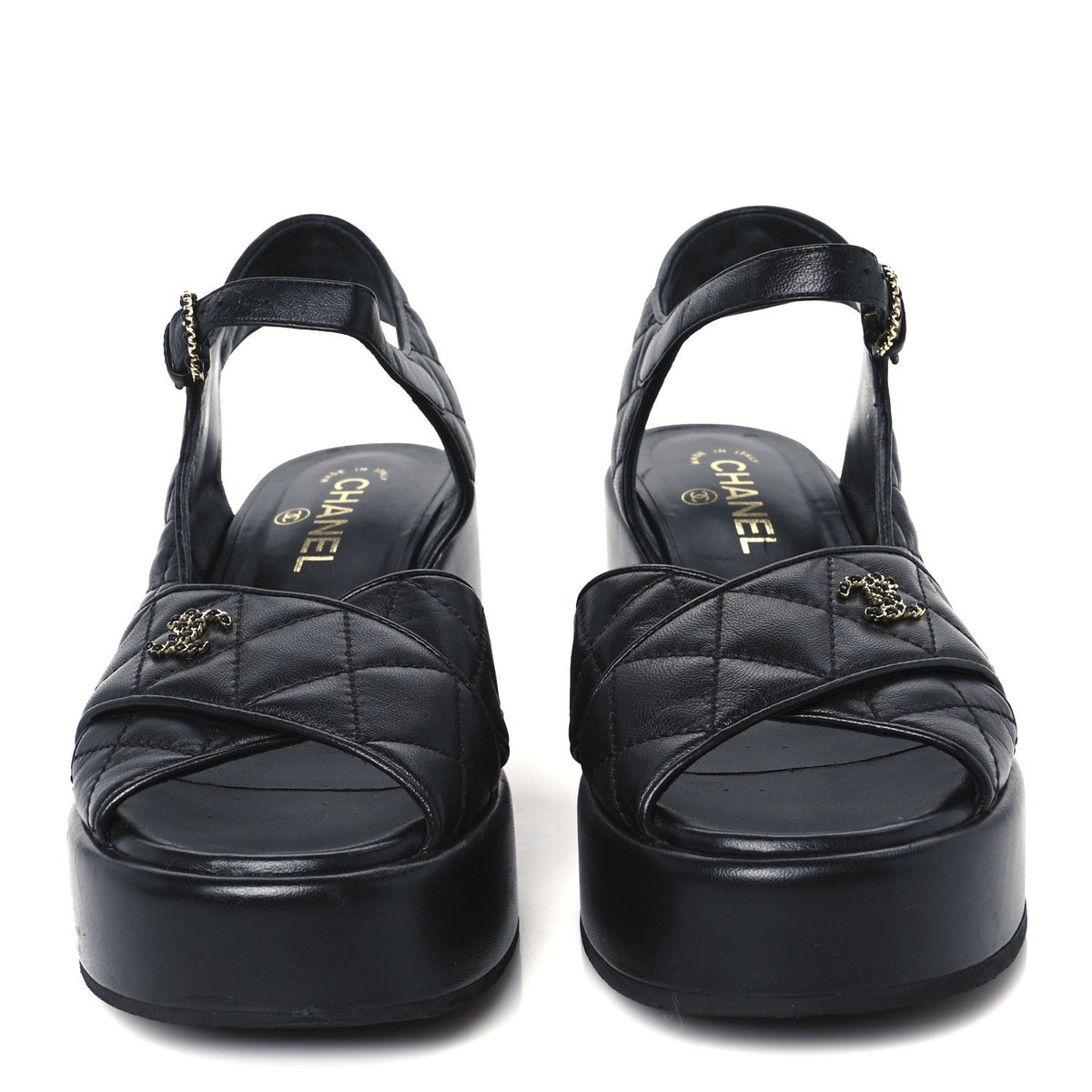 Lambskin Quilted CC Platform Sandals 39.5 Black
