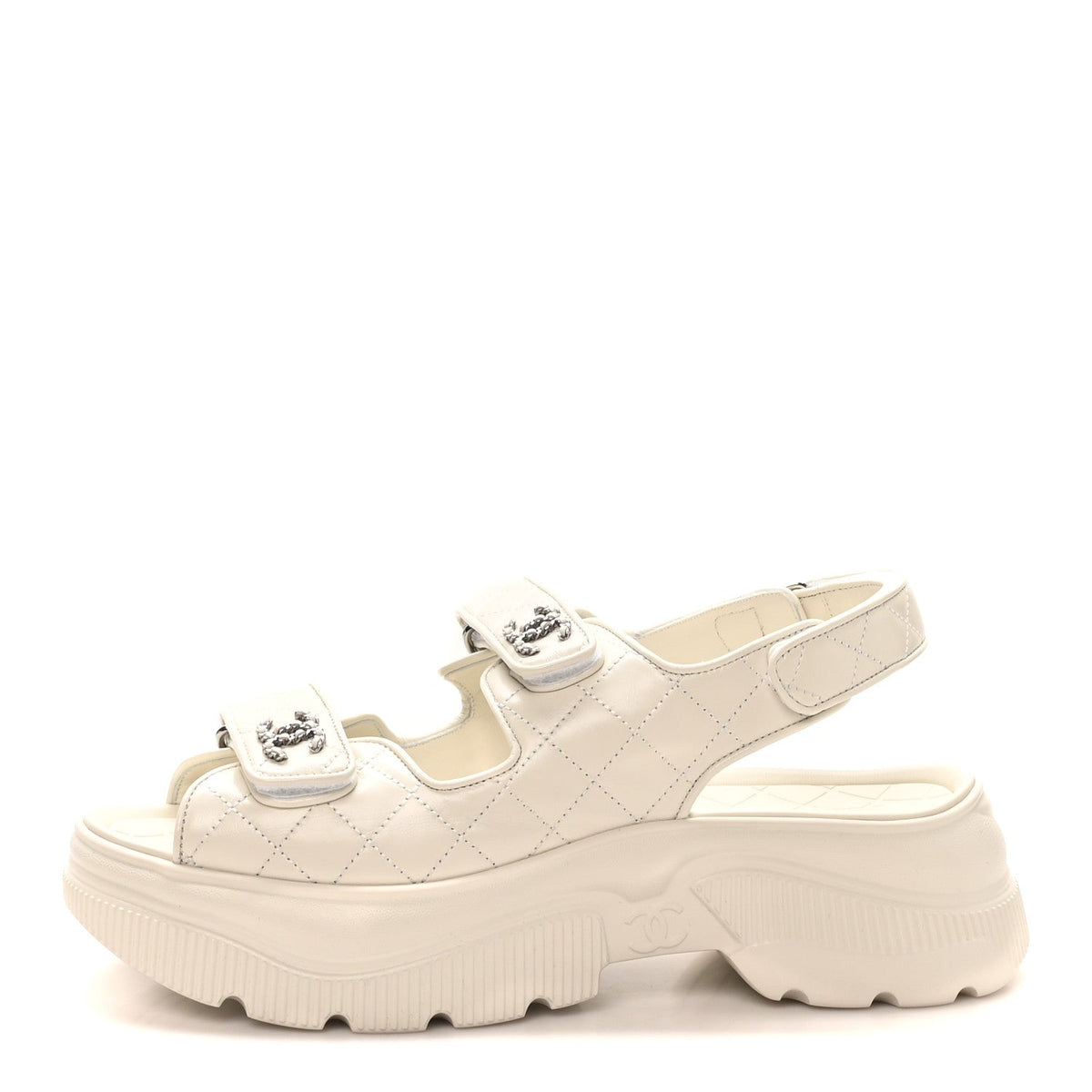 Shiny Calfskin Chain CC Velcro Dad Platform Sandals 39.5 White