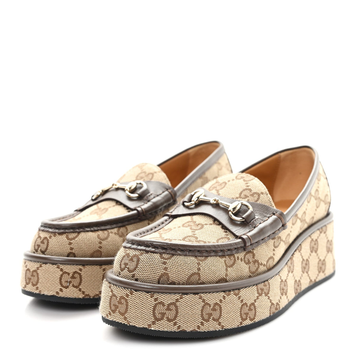Monogram Horsebit Calfskin Womens Horsebit Wedge Platform Loafers 35.5 Beige Ebony
