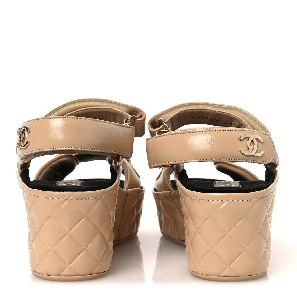 Shiny Calfskin Logo Platform Sandals 40 Beige