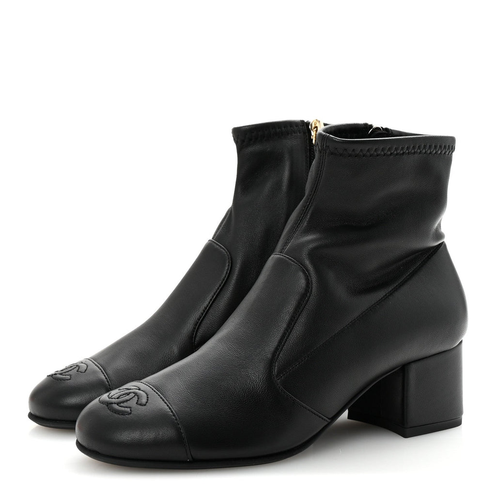 Stretch Lambskin Cap Toe CC Short Boots 35 Black