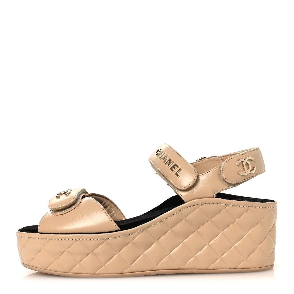 Shiny Calfskin Logo Platform Sandals 40 Beige