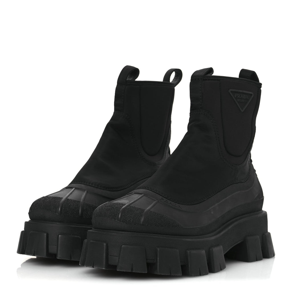 Re-Nylon Gabardine Rubber Triangle Logo Womens Monolith 55mm Ankle Boots 38 Black