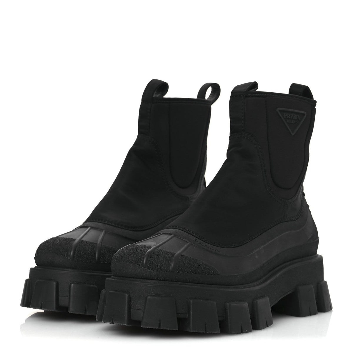 Re-Nylon Gabardine Rubber Triangle Logo Womens Monolith 55mm Ankle Boots 38 Black