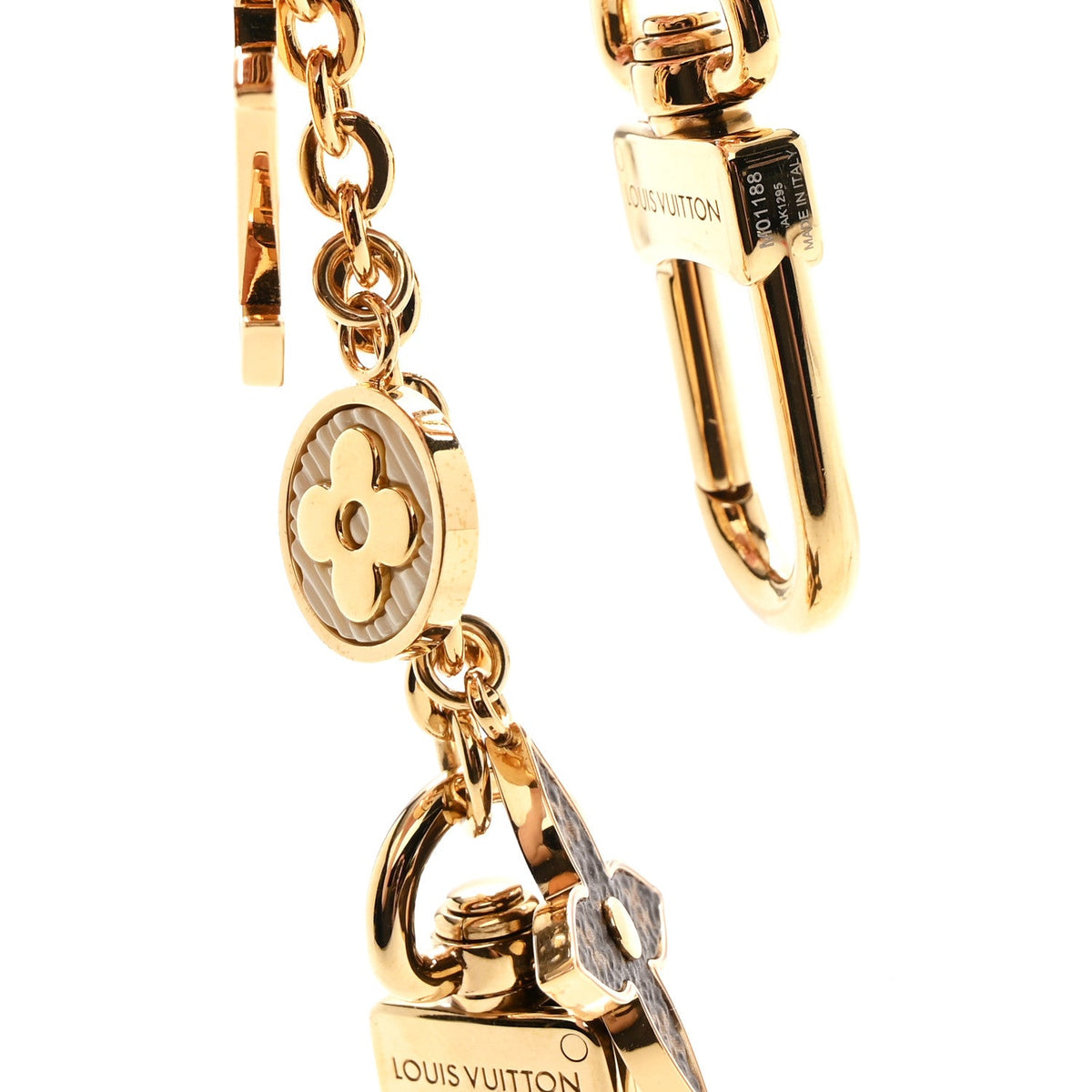 Brass Enamel Fleur De Monogram Bag Charm Chain Gold
