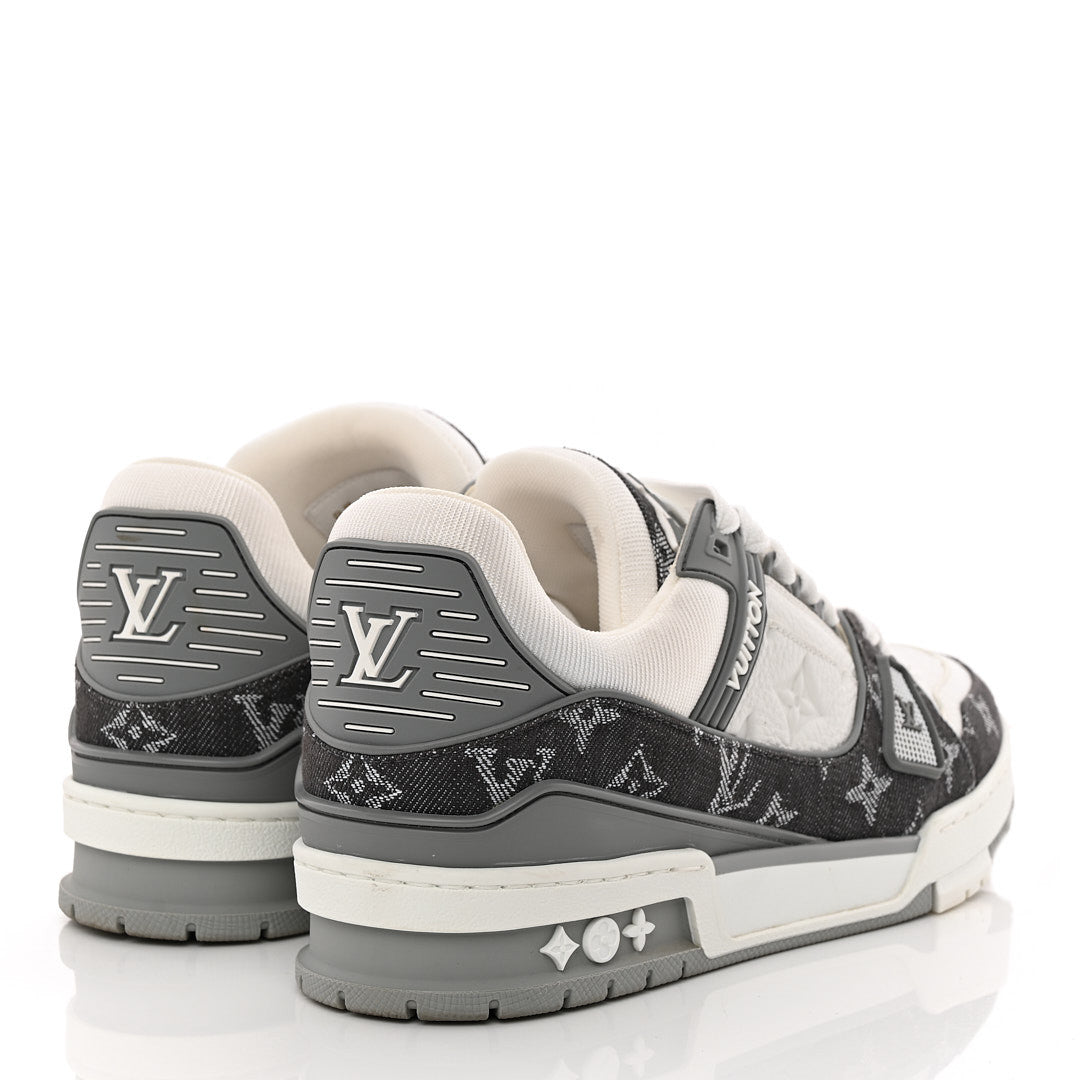Calfskin Embossed Monogram Denim Mens LV Trainer Sneakers 5.5 Grey