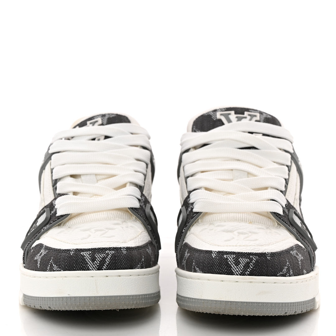 Calfskin Embossed Monogram Denim Mens LV Trainer Sneakers 5.5 Grey