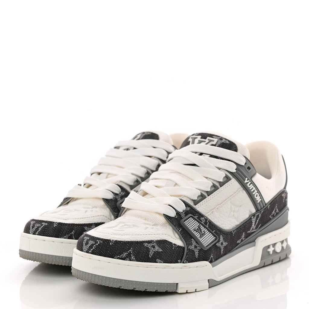Calfskin Embossed Monogram Denim Mens LV Trainer Sneakers 5.5 Grey