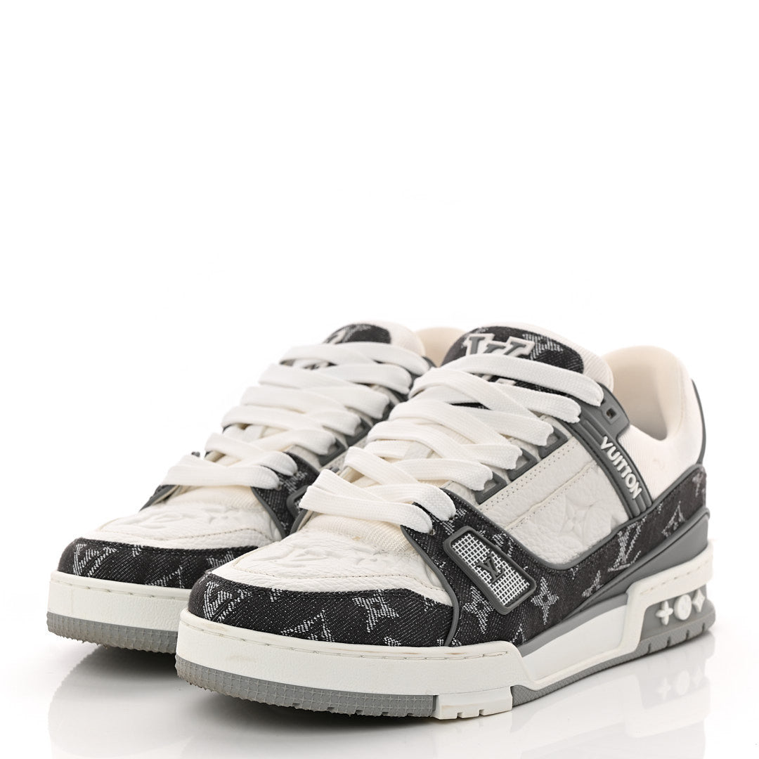 Calfskin Embossed Monogram Denim Mens LV Trainer Sneakers 5.5 Grey