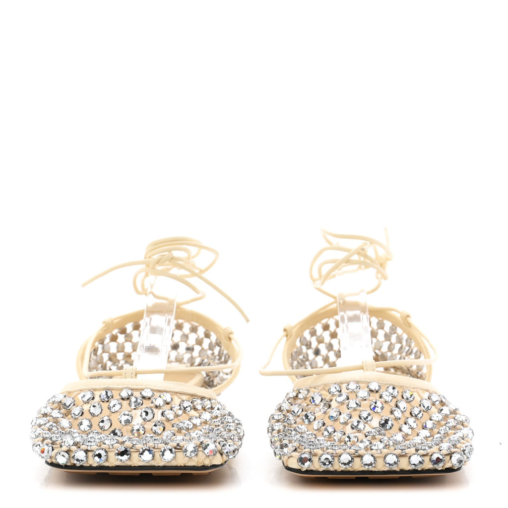 Mesh Nappa Crystal Embellished Sparkle Stretch Ankle Tie Flats 38 Black