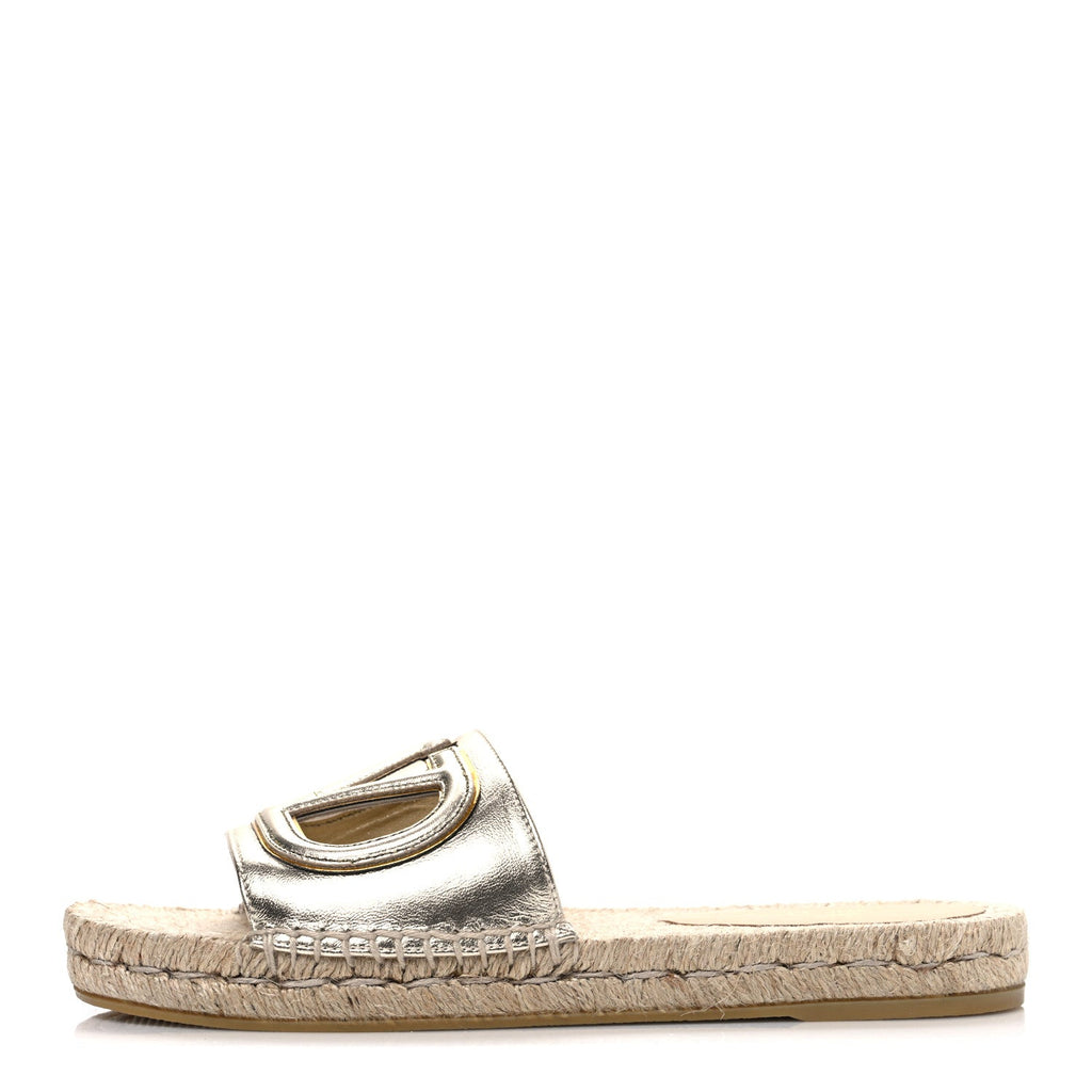 Laminated Napa Vlogo Cut Out Espadrille Flat Slide Sandals 36 Silver