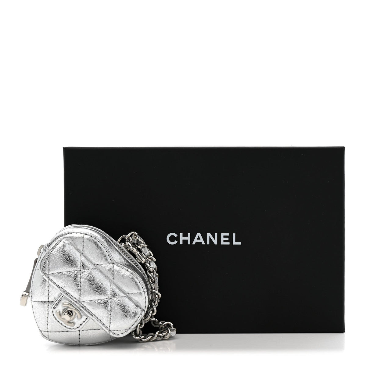 Metallic Lambskin Quilted CC Mini In Love Heart Bag Charm Silver
