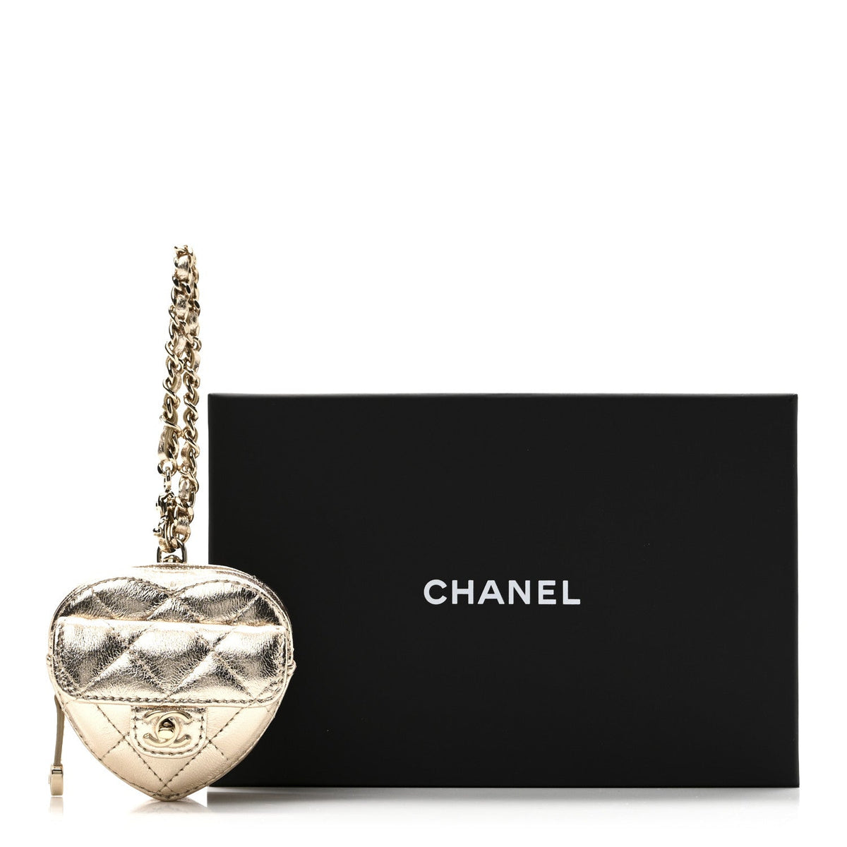 Metallic Lambskin Quilted CC Mini In Love Heart Bag Charm Gold