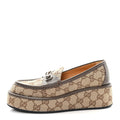 Monogram Horsebit Calfskin Womens Horsebit Wedge Platform Loafers 35.5 Beige Ebony