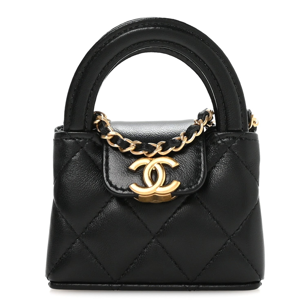 Shiny Lambskin Quilted Mini Kelly Bag Charm Black