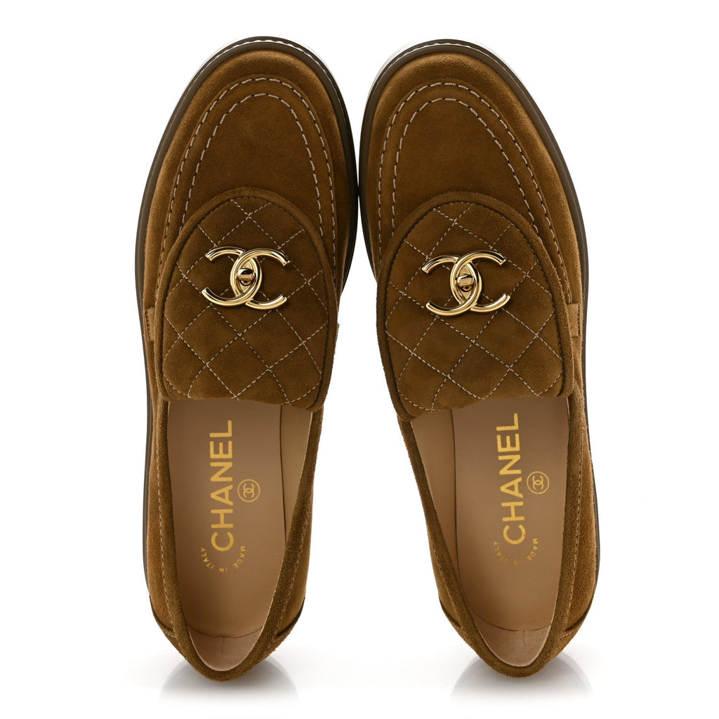 Suede Kidskin Quilted CC Turnlock Loafers 38 Light Brown