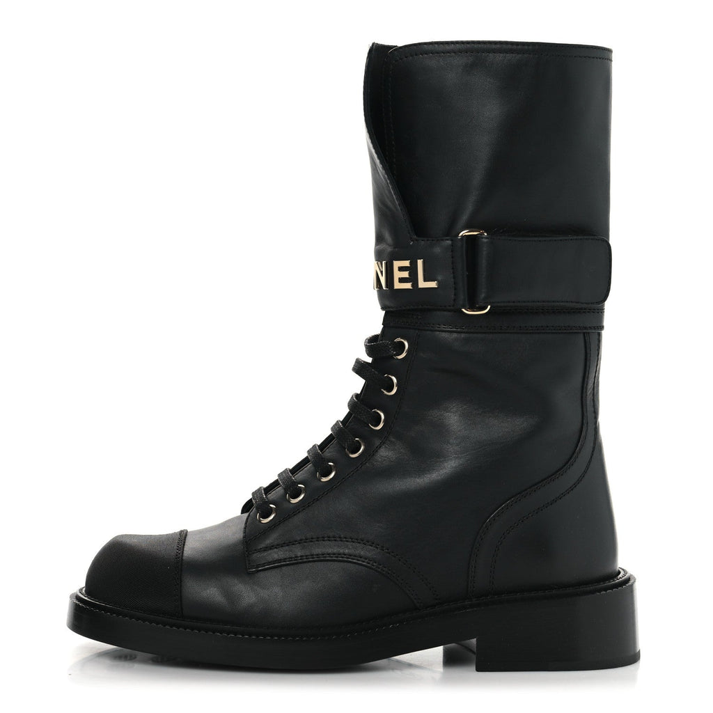 Shiny Calfskin Grosgrain Lace Up Combat Boots 36.5 Black
