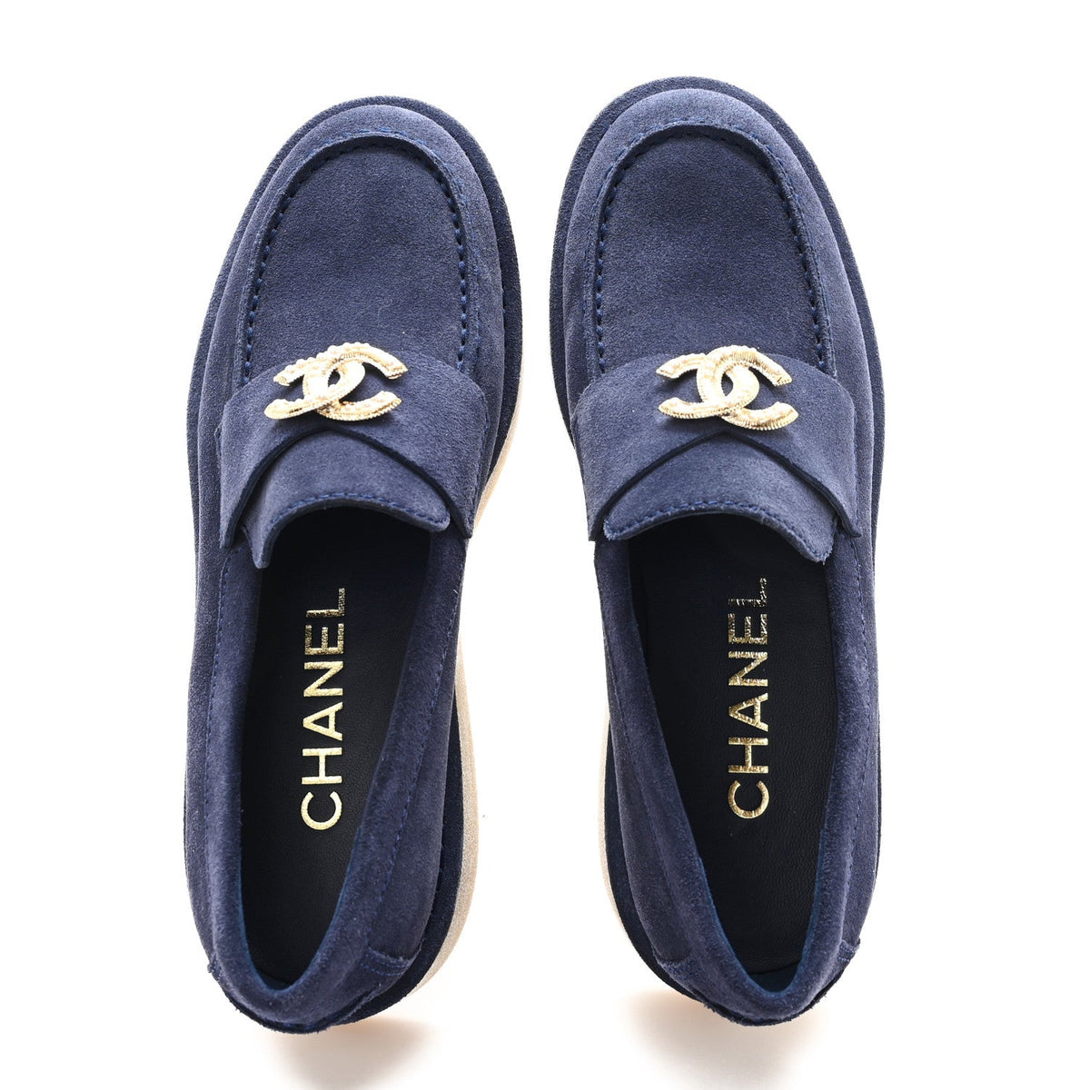 Suede Calfskin Pearl CC Moccasin Loafers 37 Navy