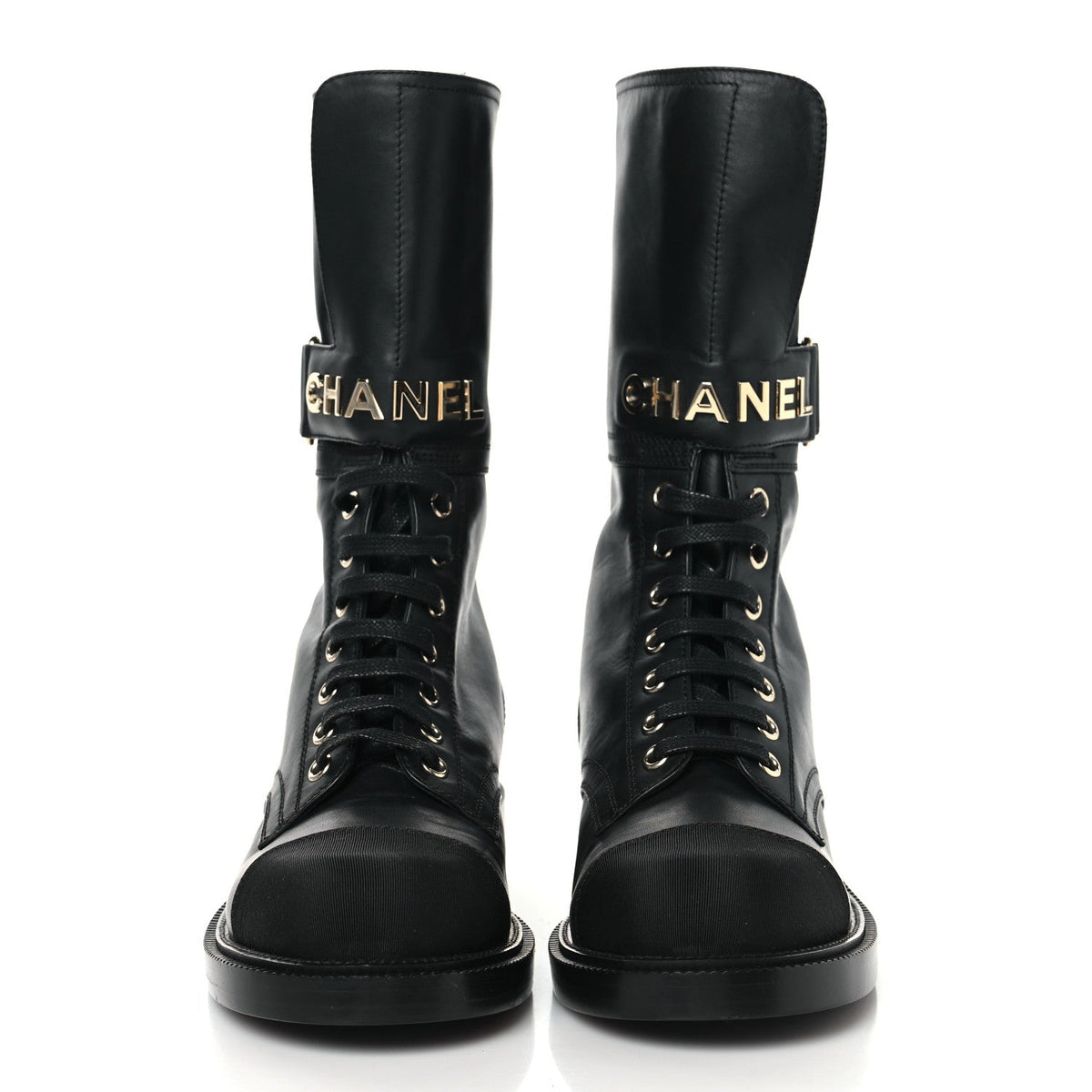 Shiny Calfskin Grosgrain Lace Up Combat Boots 36.5 Black