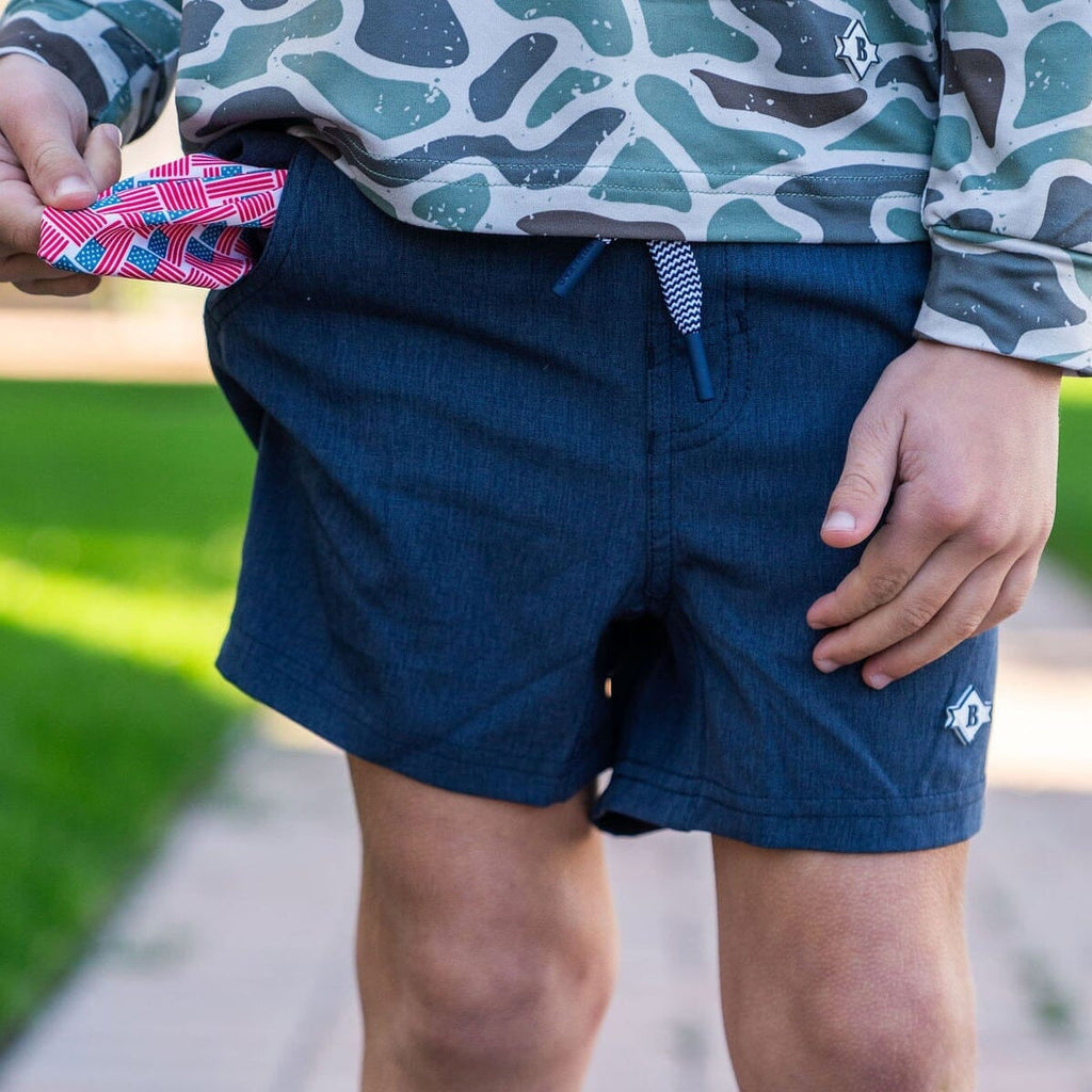 Youth Athletic Short - Heather Navy - American Flag Liner